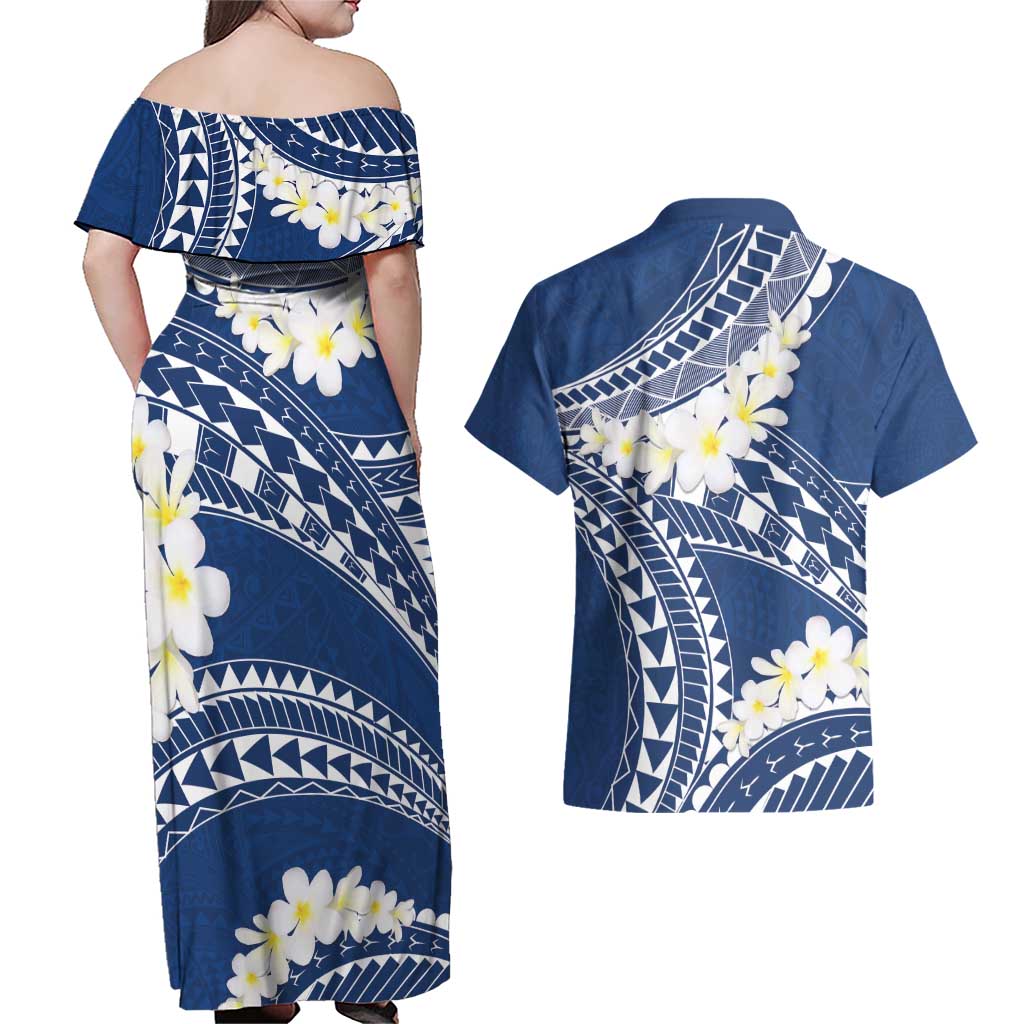Polynesian Vintage Floral Couples Matching Off Shoulder Maxi Dress and Hawaiian Shirt Navy Blue Motifs LT7 - Polynesian Pride