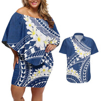 Polynesian Vintage Floral Couples Matching Off Shoulder Short Dress and Hawaiian Shirt Navy Blue Motifs LT7 Navy Blue - Polynesian Pride