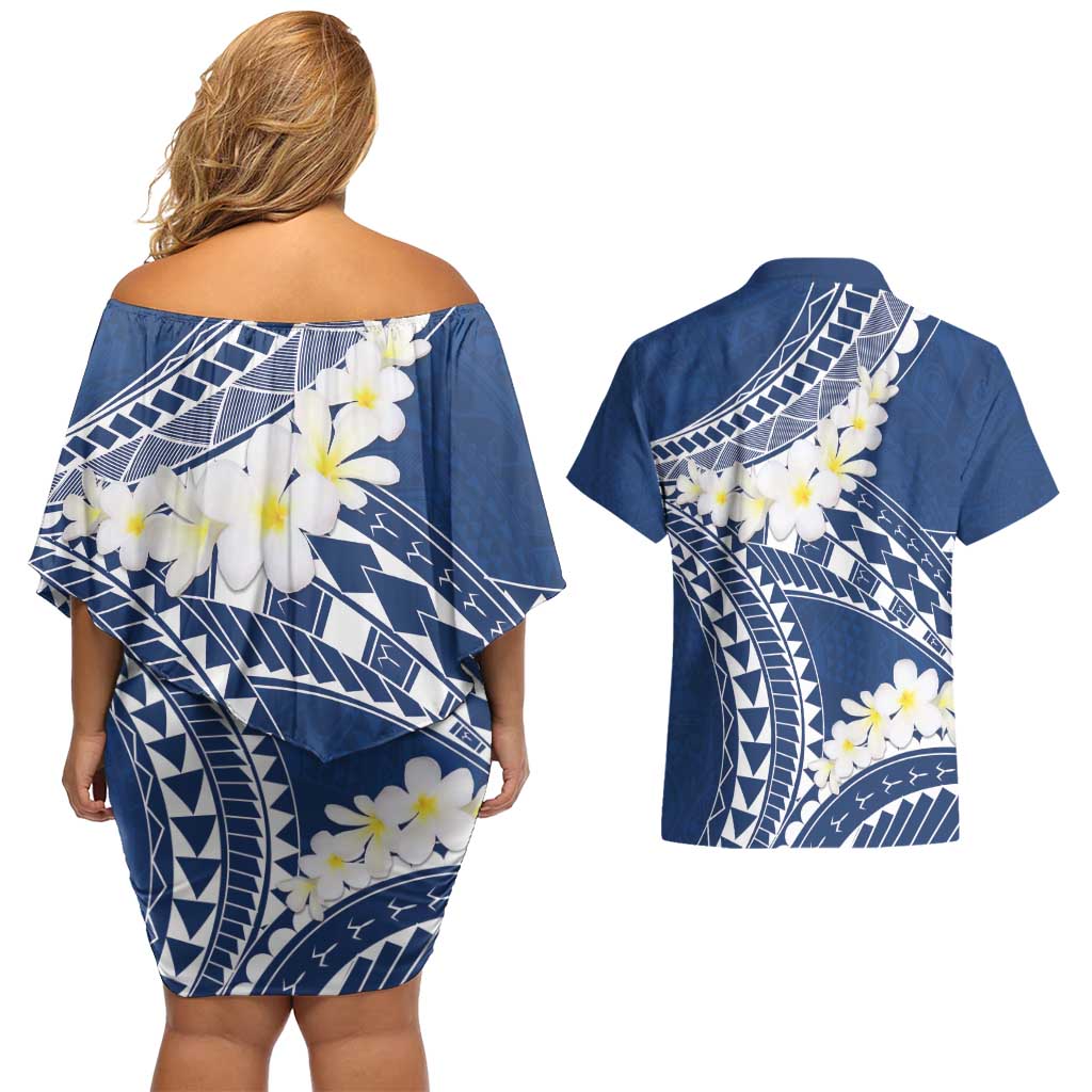 Polynesian Vintage Floral Couples Matching Off Shoulder Short Dress and Hawaiian Shirt Navy Blue Motifs LT7 - Polynesian Pride