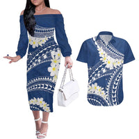 Polynesian Vintage Floral Couples Matching Off The Shoulder Long Sleeve Dress and Hawaiian Shirt Navy Blue Motifs LT7 Navy Blue - Polynesian Pride