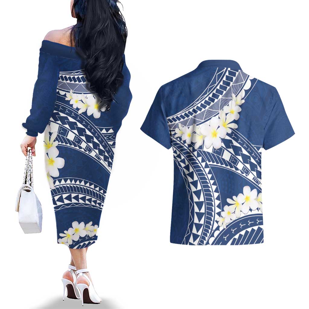 Polynesian Vintage Floral Couples Matching Off The Shoulder Long Sleeve Dress and Hawaiian Shirt Navy Blue Motifs LT7 - Polynesian Pride