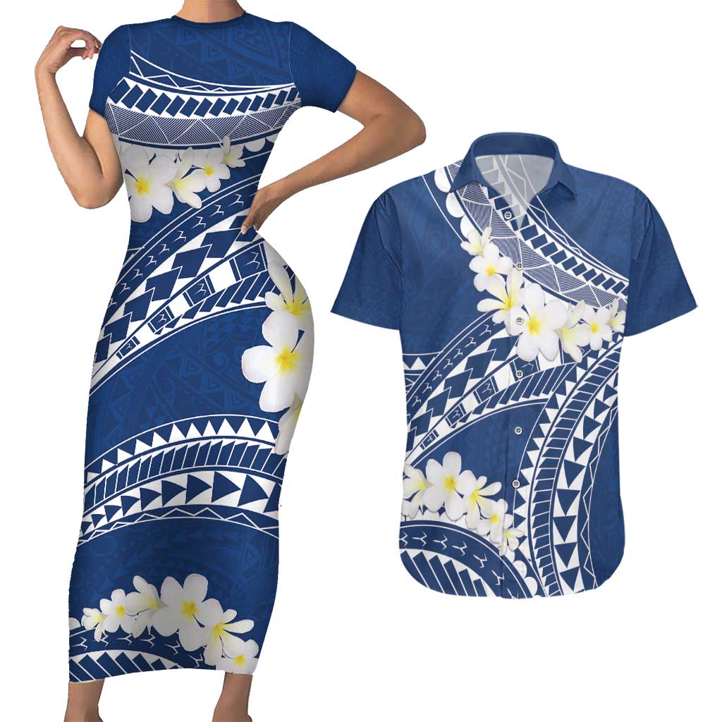 Polynesian Vintage Floral Couples Matching Short Sleeve Bodycon Dress and Hawaiian Shirt Navy Blue Motifs LT7 Navy Blue - Polynesian Pride