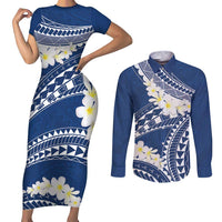 Polynesian Vintage Floral Couples Matching Short Sleeve Bodycon Dress and Long Sleeve Button Shirt Navy Blue Motifs LT7 Navy Blue - Polynesian Pride