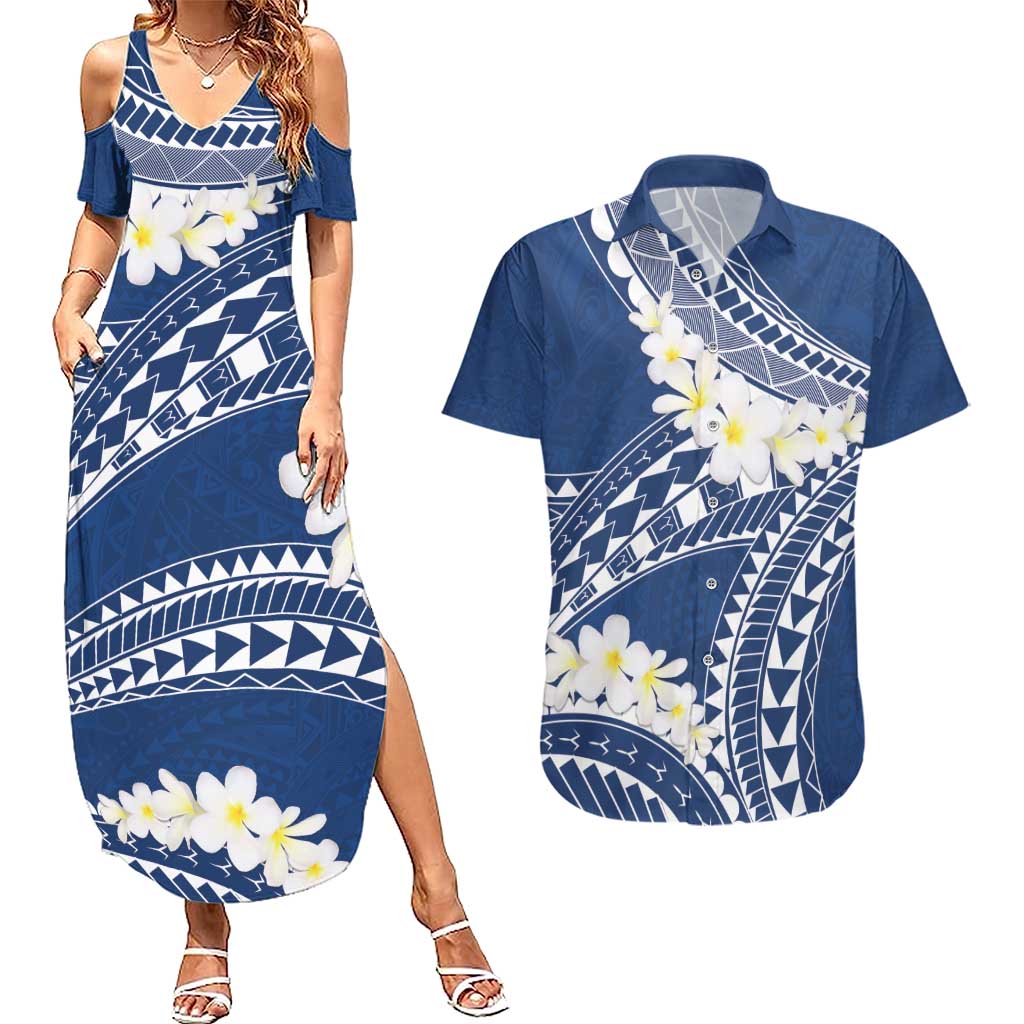 Polynesian Vintage Floral Couples Matching Summer Maxi Dress and Hawaiian Shirt Navy Blue Motifs LT7 Navy Blue - Polynesian Pride