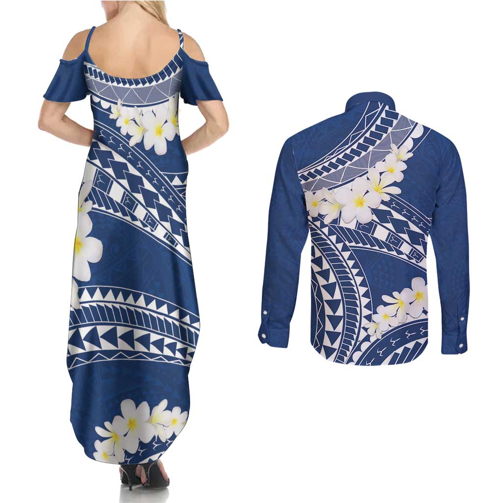 Polynesian Vintage Floral Couples Matching Summer Maxi Dress and Long Sleeve Button Shirt Navy Blue Motifs - Polynesian Pride
