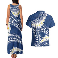 Polynesian Vintage Floral Couples Matching Tank Maxi Dress and Hawaiian Shirt Navy Blue Motifs LT7 - Polynesian Pride