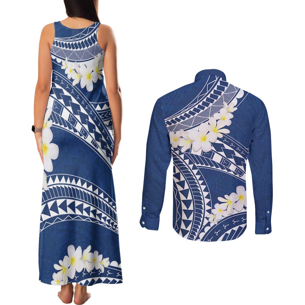 Polynesian Vintage Floral Couples Matching Tank Maxi Dress and Long Sleeve Button Shirt Navy Blue Motifs LT7 - Polynesian Pride