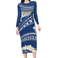 Polynesian Vintage Floral Family Matching Long Sleeve Bodycon Dress and Hawaiian Shirt Navy Blue Motifs LT7 Mom's Dress Navy Blue - Polynesian Pride