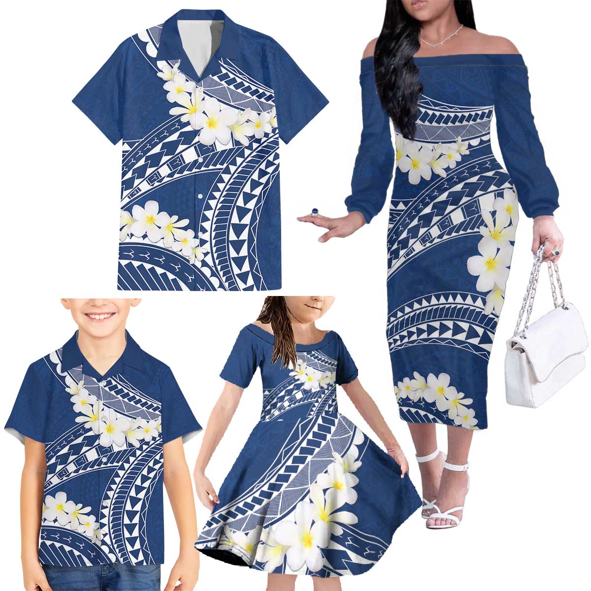 Polynesian Vintage Floral Family Matching Off The Shoulder Long Sleeve Dress and Hawaiian Shirt Navy Blue Motifs LT7 - Polynesian Pride