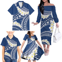 Polynesian Vintage Floral Family Matching Off The Shoulder Long Sleeve Dress and Hawaiian Shirt Navy Blue Motifs LT7 - Polynesian Pride