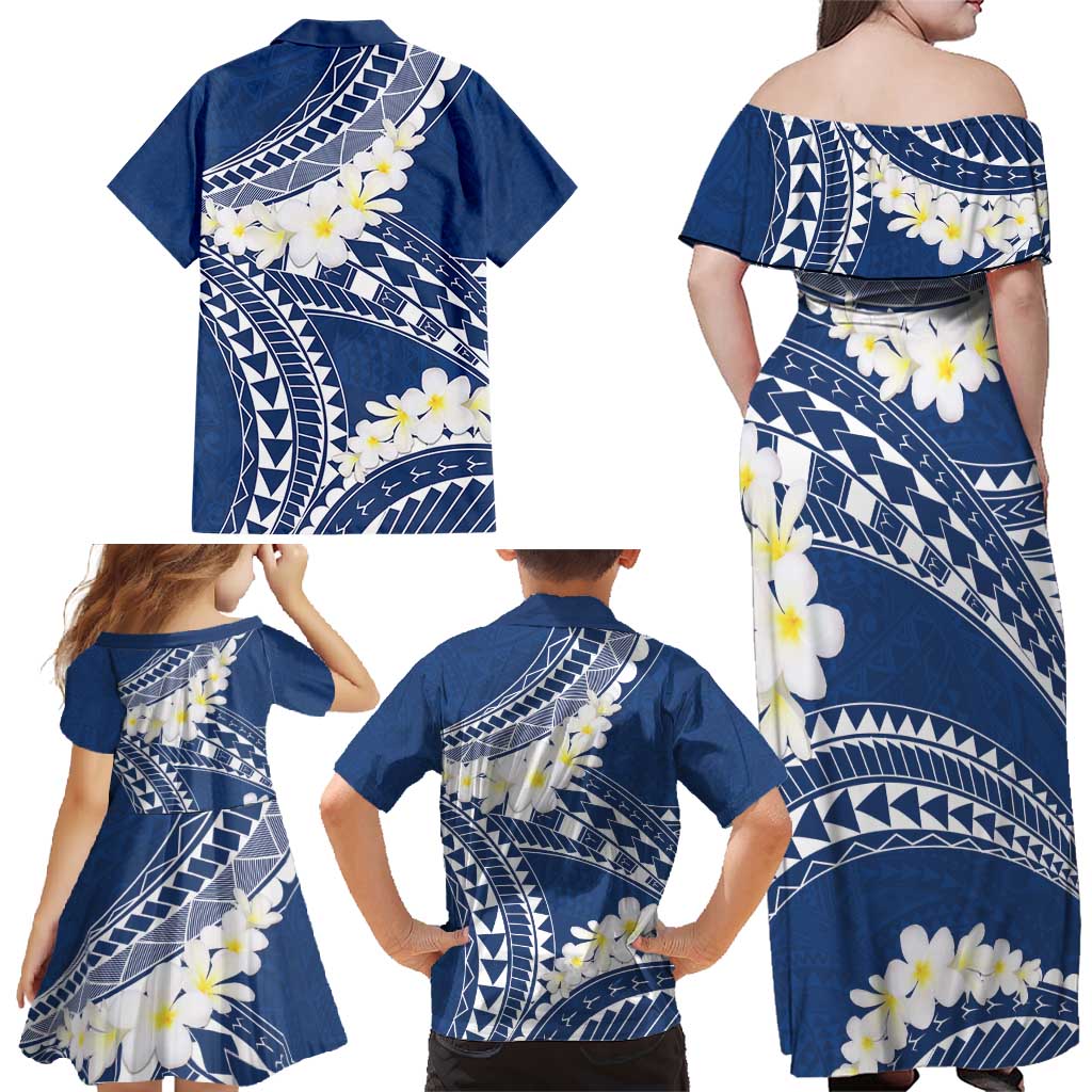 Polynesian Vintage Floral Family Matching Off Shoulder Maxi Dress and Hawaiian Shirt Navy Blue Motifs LT7 - Polynesian Pride