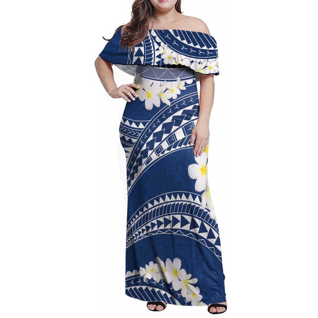 Polynesian Vintage Floral Family Matching Off Shoulder Maxi Dress and Hawaiian Shirt Navy Blue Motifs LT7 Mom's Dress Navy Blue - Polynesian Pride
