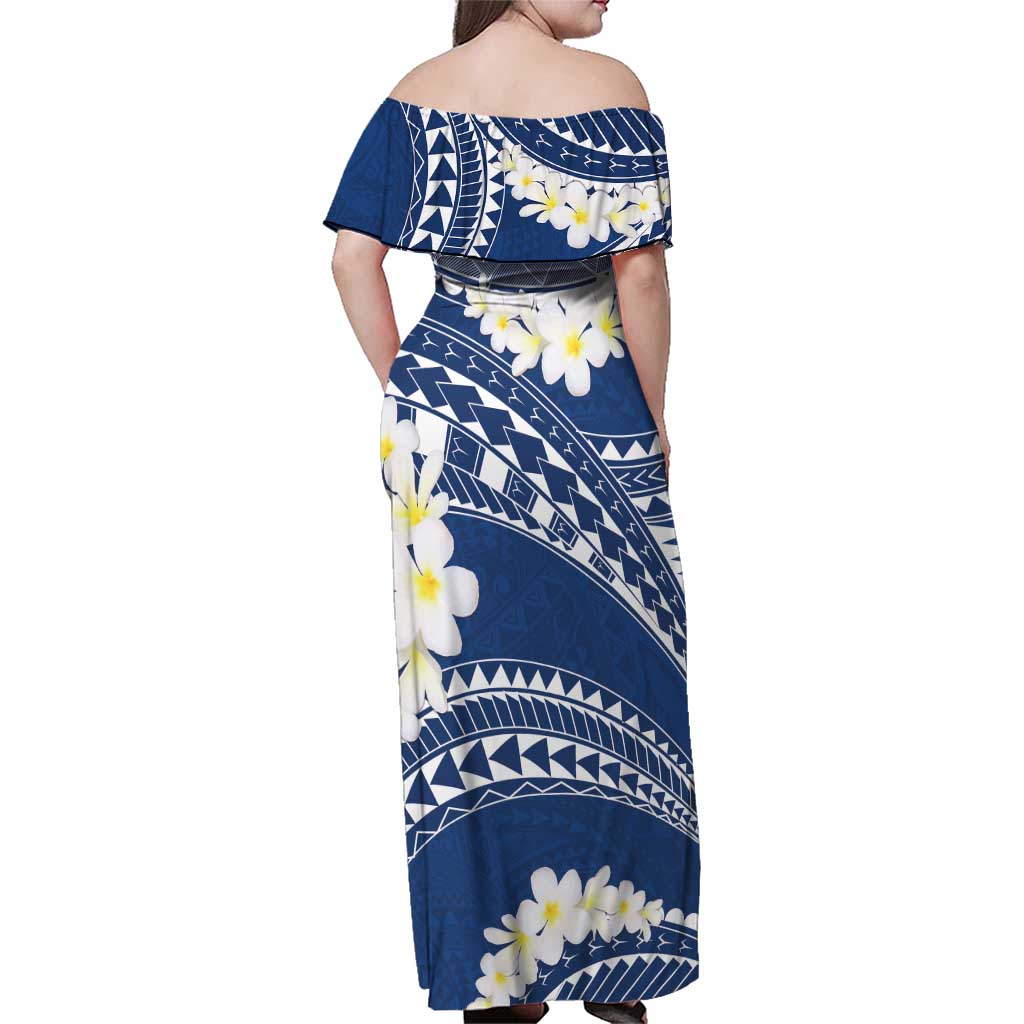 Polynesian Vintage Floral Family Matching Off Shoulder Maxi Dress and Hawaiian Shirt Navy Blue Motifs LT7 - Polynesian Pride