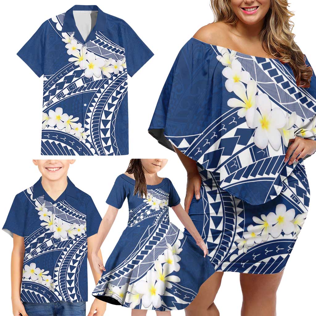 Polynesian Vintage Floral Family Matching Off Shoulder Short Dress and Hawaiian Shirt Navy Blue Motifs LT7 - Polynesian Pride