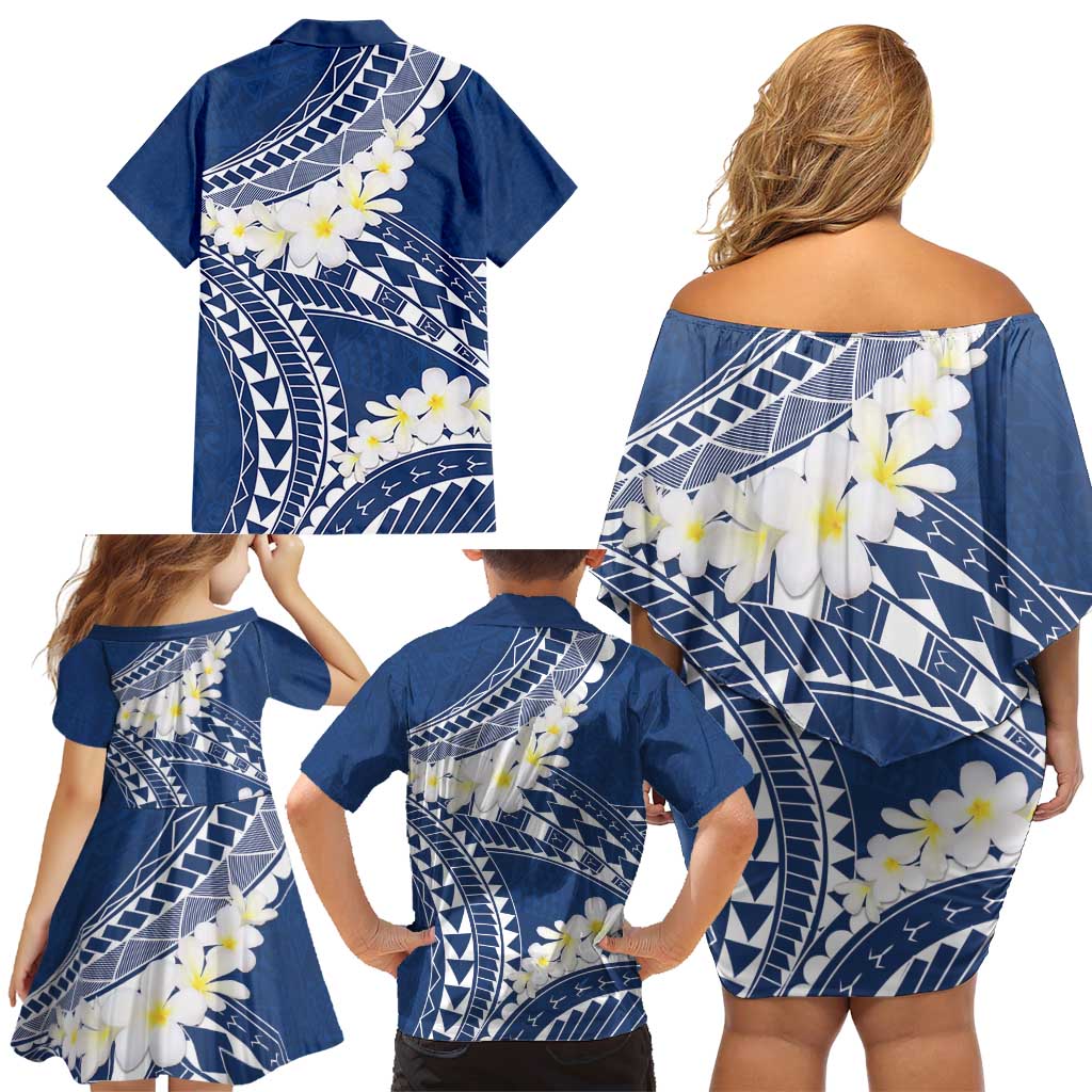 Polynesian Vintage Floral Family Matching Off Shoulder Short Dress and Hawaiian Shirt Navy Blue Motifs LT7 - Polynesian Pride