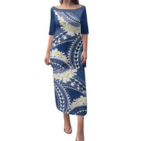 Polynesian Vintage Floral Family Matching Puletasi and Hawaiian Shirt Navy Blue Motifs LT7 Mom's Dress Navy Blue - Polynesian Pride