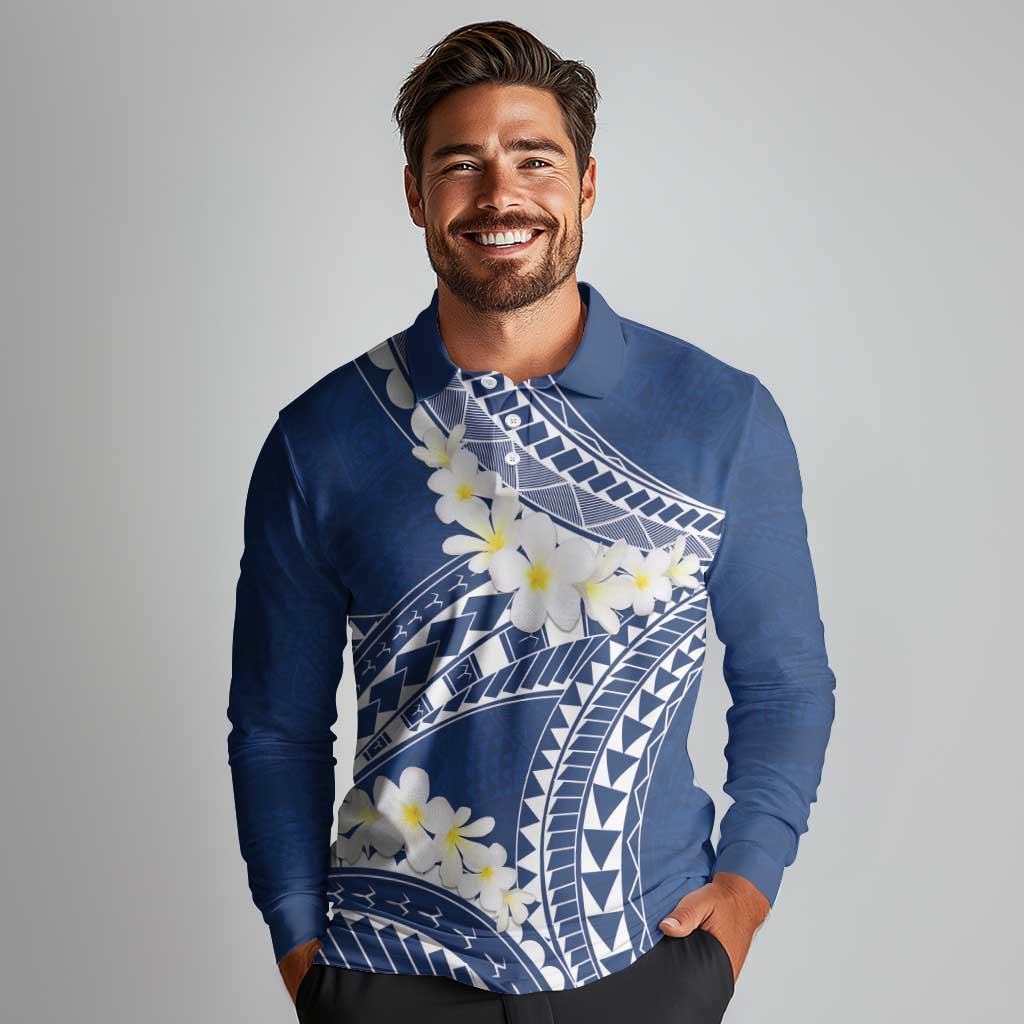 Polynesian Vintage Floral Long Sleeve Polo Shirt Navy Blue Motifs - Polynesian Pride