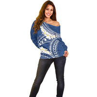 Polynesian Vintage Floral Off Shoulder Sweater Navy Blue Motifs - Polynesian Pride