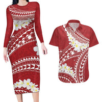 Polynesian Vintage Floral Couples Matching Long Sleeve Bodycon Dress and Hawaiian Shirt Scarlet Motifs LT7 Scarlet - Polynesian Pride