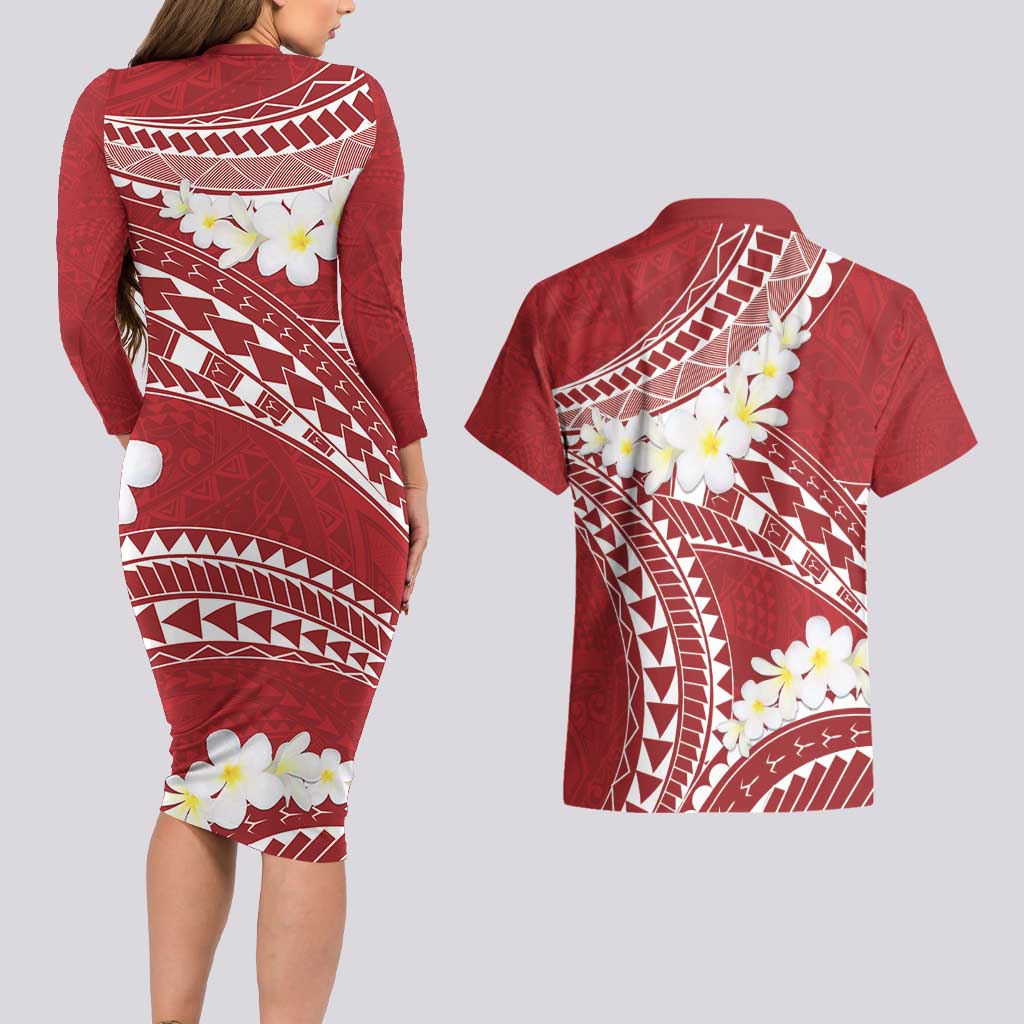 Polynesian Vintage Floral Couples Matching Long Sleeve Bodycon Dress and Hawaiian Shirt Scarlet Motifs LT7 - Polynesian Pride