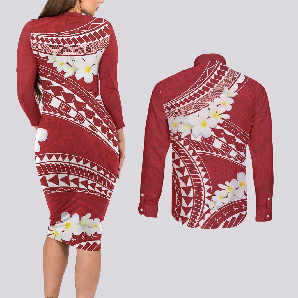 Polynesian Vintage Floral Couples Matching Long Sleeve Bodycon Dress and Long Sleeve Button Shirt Scarlet Motifs LT7 - Polynesian Pride