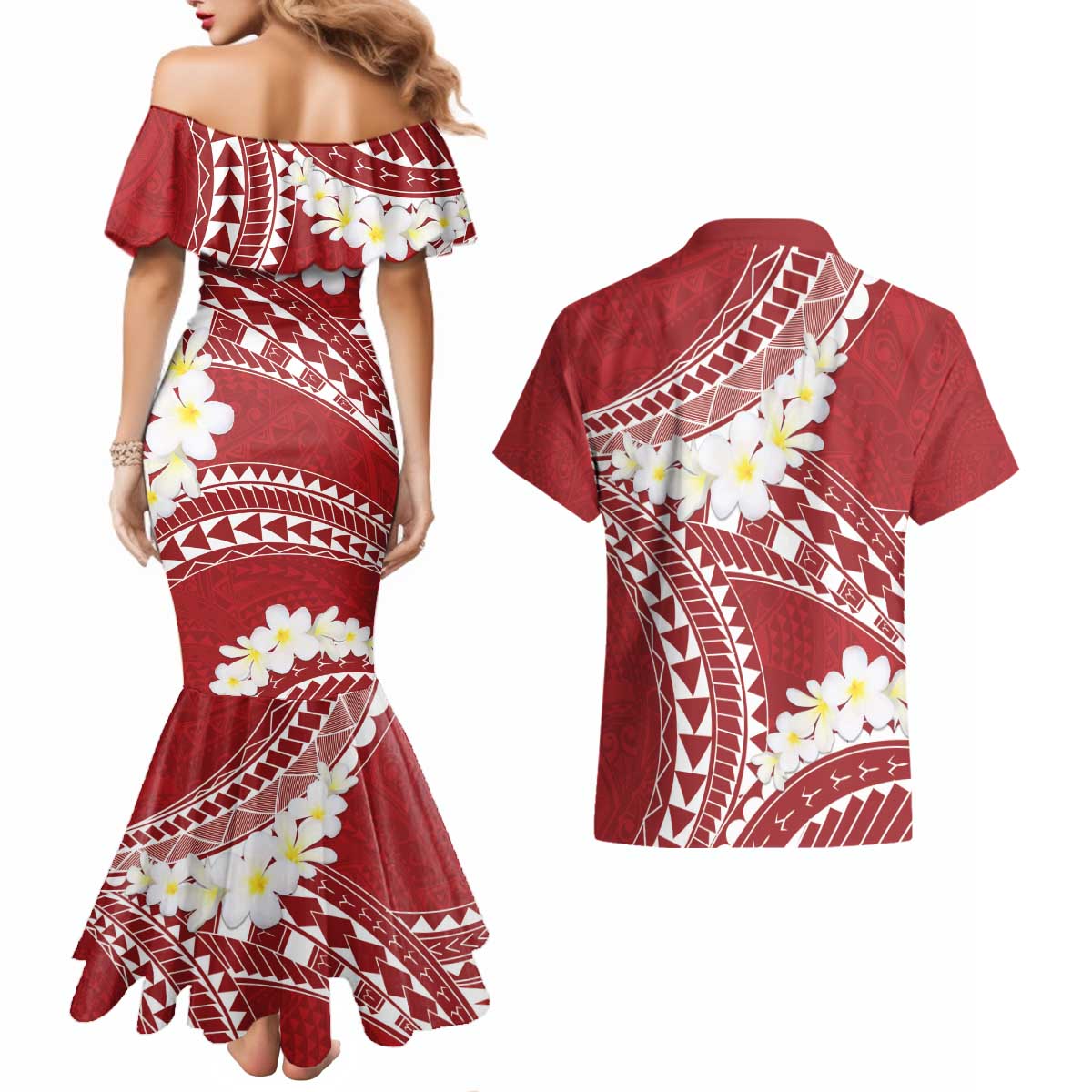 Polynesian Vintage Floral Couples Matching Mermaid Dress and Hawaiian Shirt Scarlet Motifs LT7 - Polynesian Pride