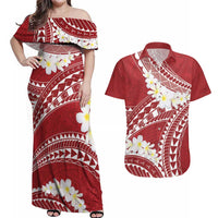 Polynesian Vintage Floral Couples Matching Off Shoulder Maxi Dress and Hawaiian Shirt Scarlet Motifs LT7 Scarlet - Polynesian Pride