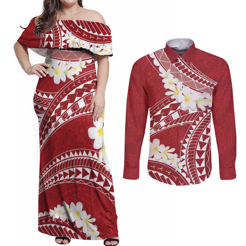 Polynesian Vintage Floral Couples Matching Off Shoulder Maxi Dress and Long Sleeve Button Shirt Scarlet Motifs LT7 Scarlet - Polynesian Pride