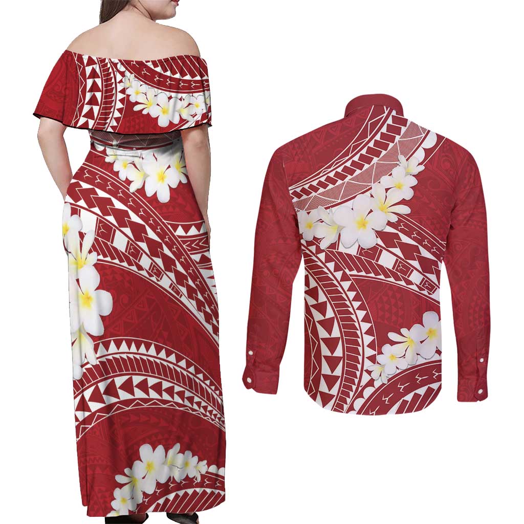 Polynesian Vintage Floral Couples Matching Off Shoulder Maxi Dress and Long Sleeve Button Shirt Scarlet Motifs LT7 - Polynesian Pride