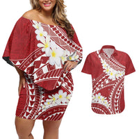 Polynesian Vintage Floral Couples Matching Off Shoulder Short Dress and Hawaiian Shirt Scarlet Motifs LT7 Scarlet - Polynesian Pride