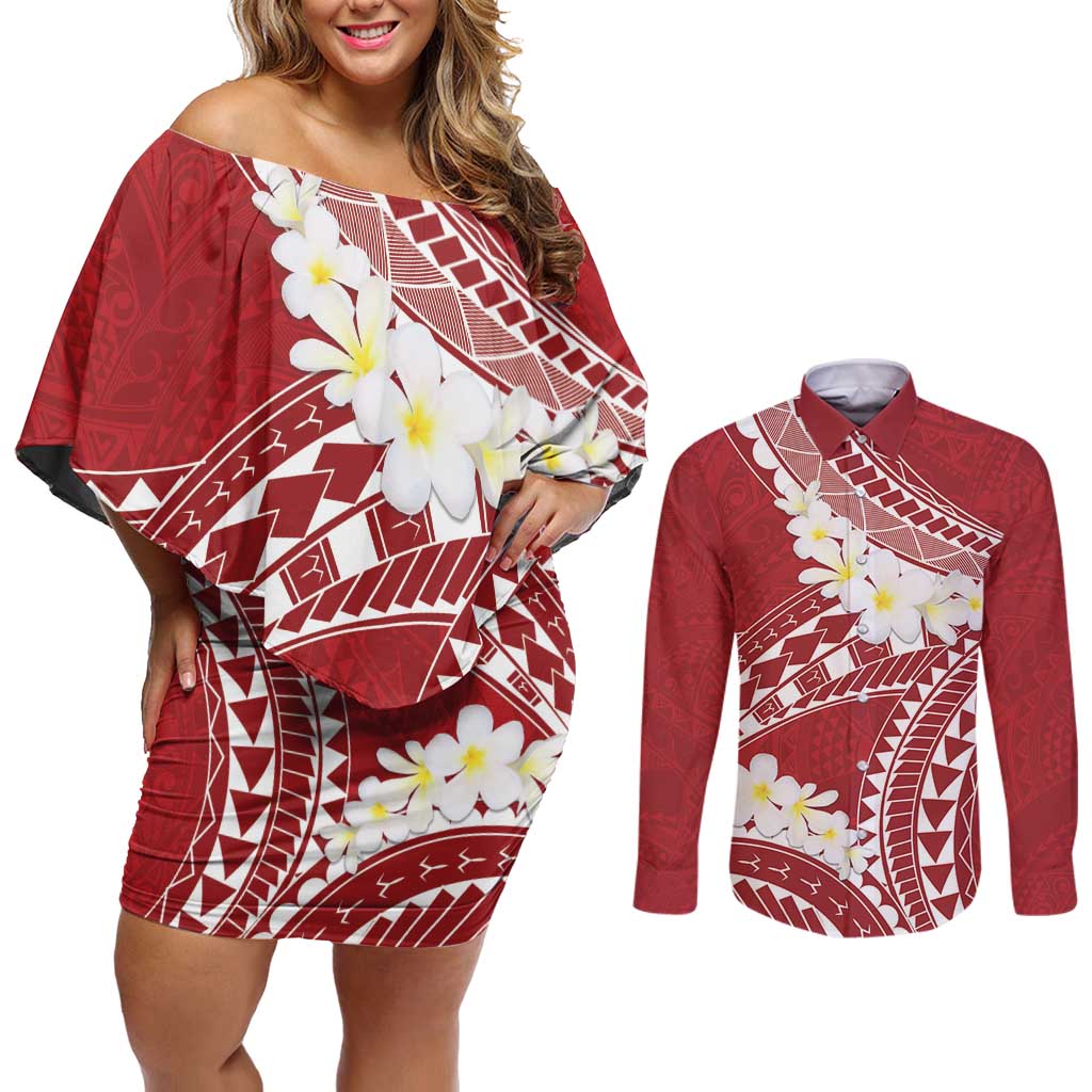 Polynesian Vintage Floral Couples Matching Off Shoulder Short Dress and Long Sleeve Button Shirt Scarlet Motifs LT7 Scarlet - Polynesian Pride