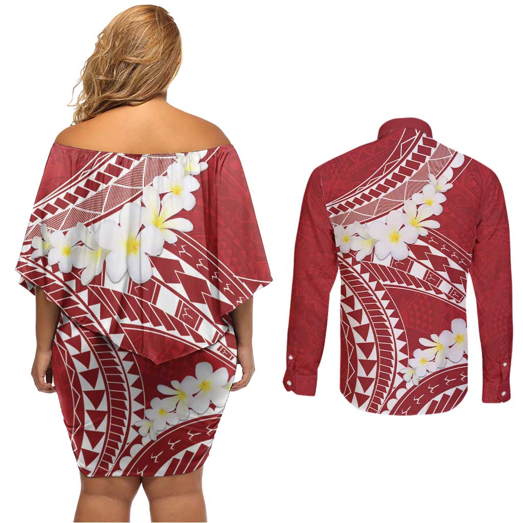 Polynesian Vintage Floral Couples Matching Off Shoulder Short Dress and Long Sleeve Button Shirt Scarlet Motifs LT7 - Polynesian Pride
