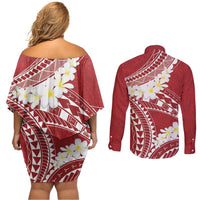 Polynesian Vintage Floral Couples Matching Off Shoulder Short Dress and Long Sleeve Button Shirt Scarlet Motifs LT7 - Polynesian Pride