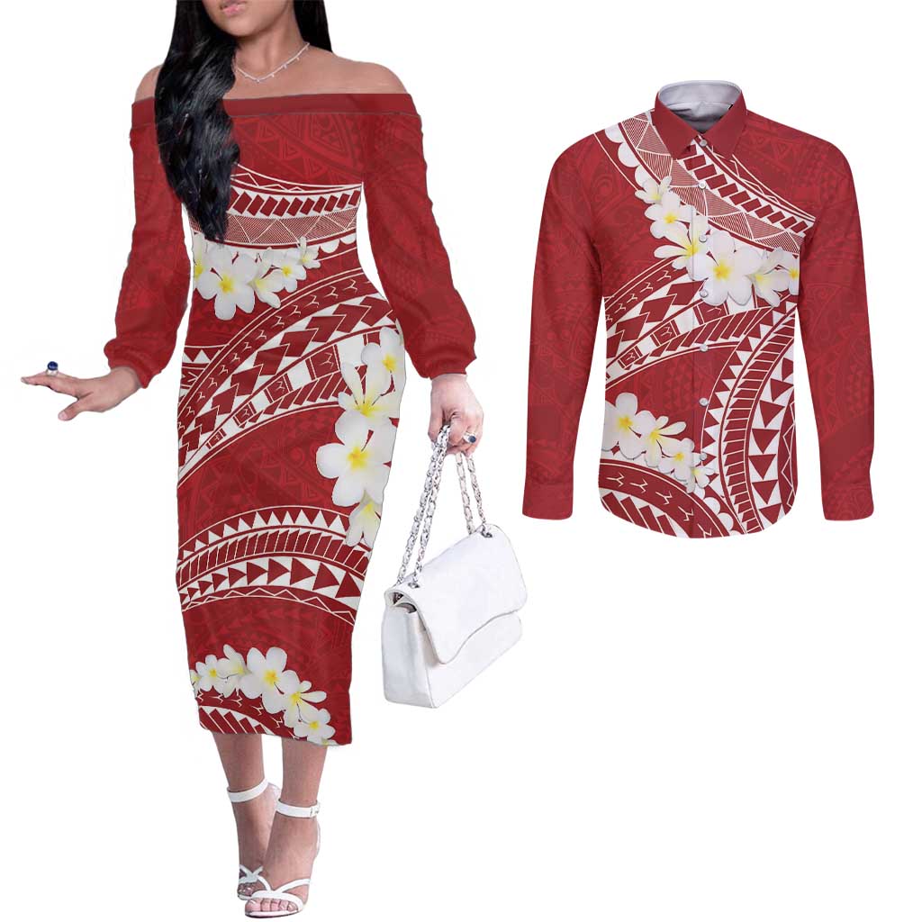 Polynesian Vintage Floral Couples Matching Off The Shoulder Long Sleeve Dress and Long Sleeve Button Shirt Scarlet Motifs LT7 Scarlet - Polynesian Pride