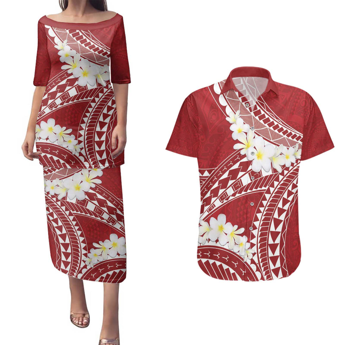 Polynesian Vintage Floral Couples Matching Puletasi and Hawaiian Shirt Scarlet Motifs LT7 Scarlet - Polynesian Pride