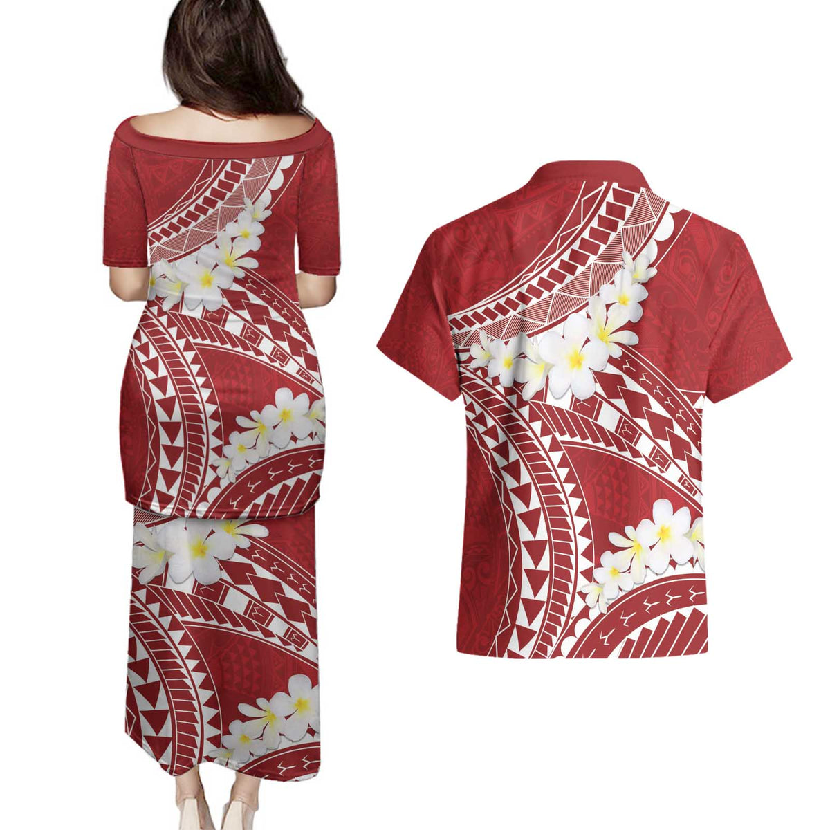 Polynesian Vintage Floral Couples Matching Puletasi and Hawaiian Shirt Scarlet Motifs LT7 - Polynesian Pride