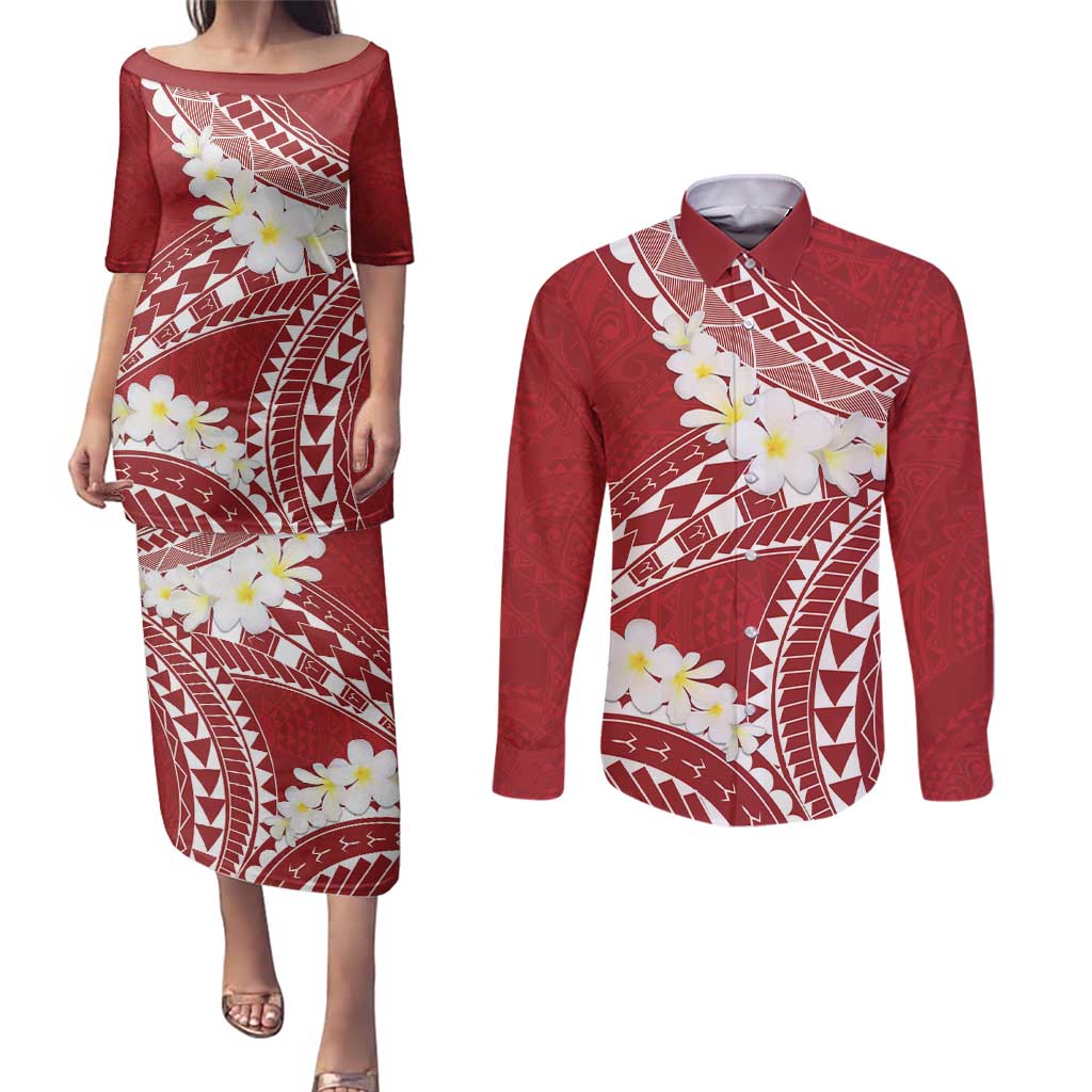 Polynesian Vintage Floral Couples Matching Puletasi and Long Sleeve Button Shirt Scarlet Motifs LT7 Scarlet - Polynesian Pride