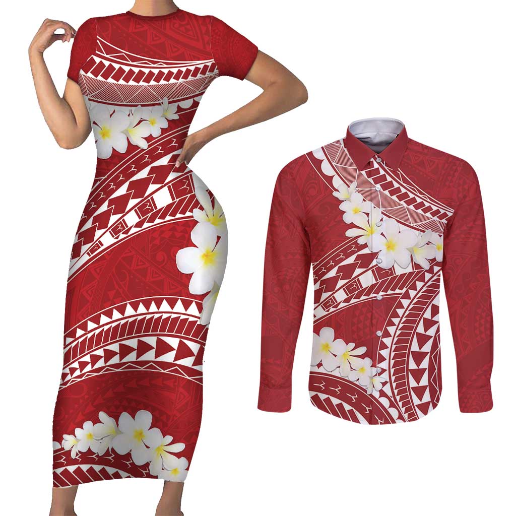 Polynesian Vintage Floral Couples Matching Short Sleeve Bodycon Dress and Long Sleeve Button Shirt Scarlet Motifs LT7 Scarlet - Polynesian Pride