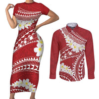 Polynesian Vintage Floral Couples Matching Short Sleeve Bodycon Dress and Long Sleeve Button Shirt Scarlet Motifs LT7 Scarlet - Polynesian Pride