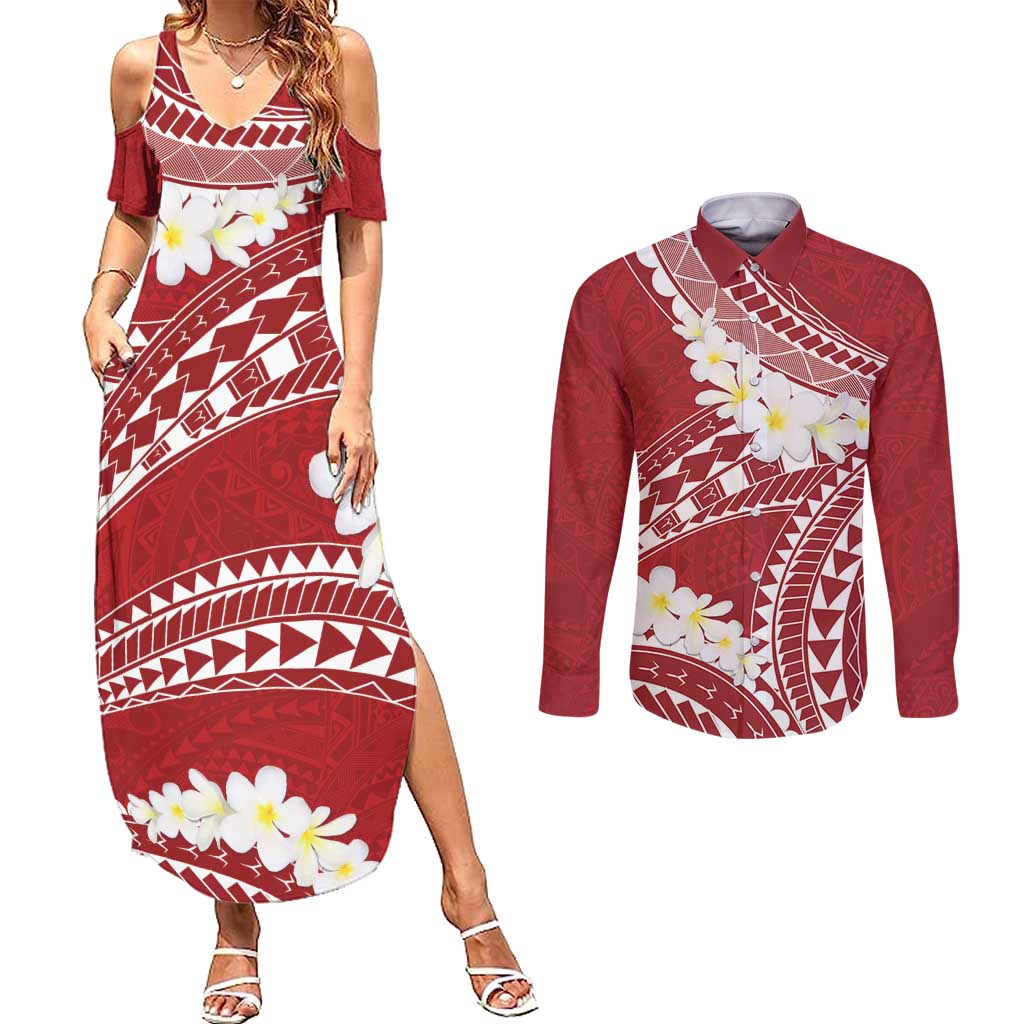 Polynesian Vintage Floral Couples Matching Summer Maxi Dress and Long Sleeve Button Shirt Scarlet Motifs LT7 Scarlet - Polynesian Pride