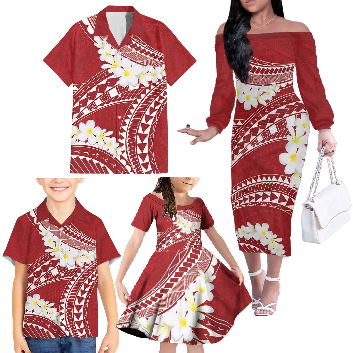 Polynesian Vintage Floral Family Matching Off The Shoulder Long Sleeve Dress and Hawaiian Shirt Scarlet Motifs LT7 - Polynesian Pride