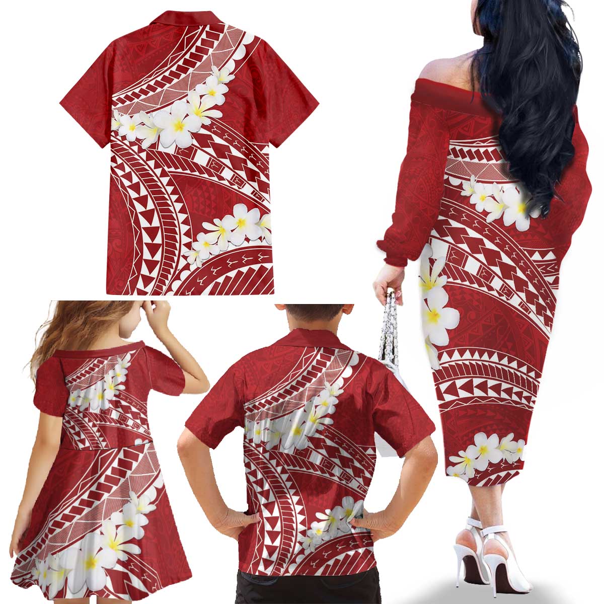 Polynesian Vintage Floral Family Matching Off The Shoulder Long Sleeve Dress and Hawaiian Shirt Scarlet Motifs LT7 - Polynesian Pride