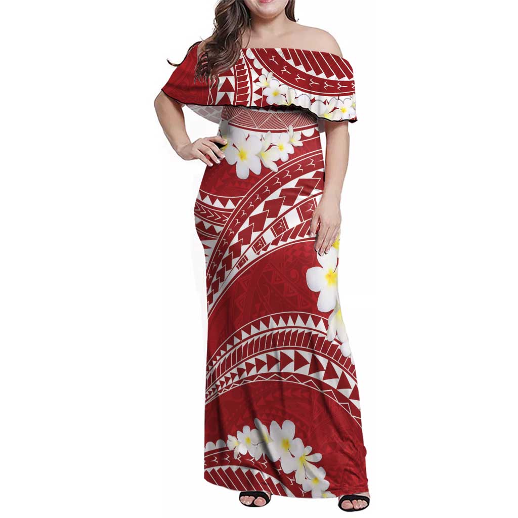Polynesian Vintage Floral Family Matching Off Shoulder Maxi Dress and Hawaiian Shirt Scarlet Motifs LT7 Mom's Dress Scarlet - Polynesian Pride