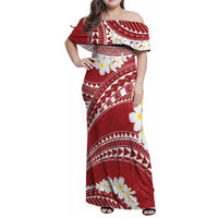 Polynesian Vintage Floral Family Matching Off Shoulder Maxi Dress and Hawaiian Shirt Scarlet Motifs LT7 Mom's Dress Scarlet - Polynesian Pride