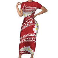 Polynesian Vintage Floral Family Matching Short Sleeve Bodycon Dress and Hawaiian Shirt Scarlet Motifs LT7 Mom's Dress Scarlet - Polynesian Pride