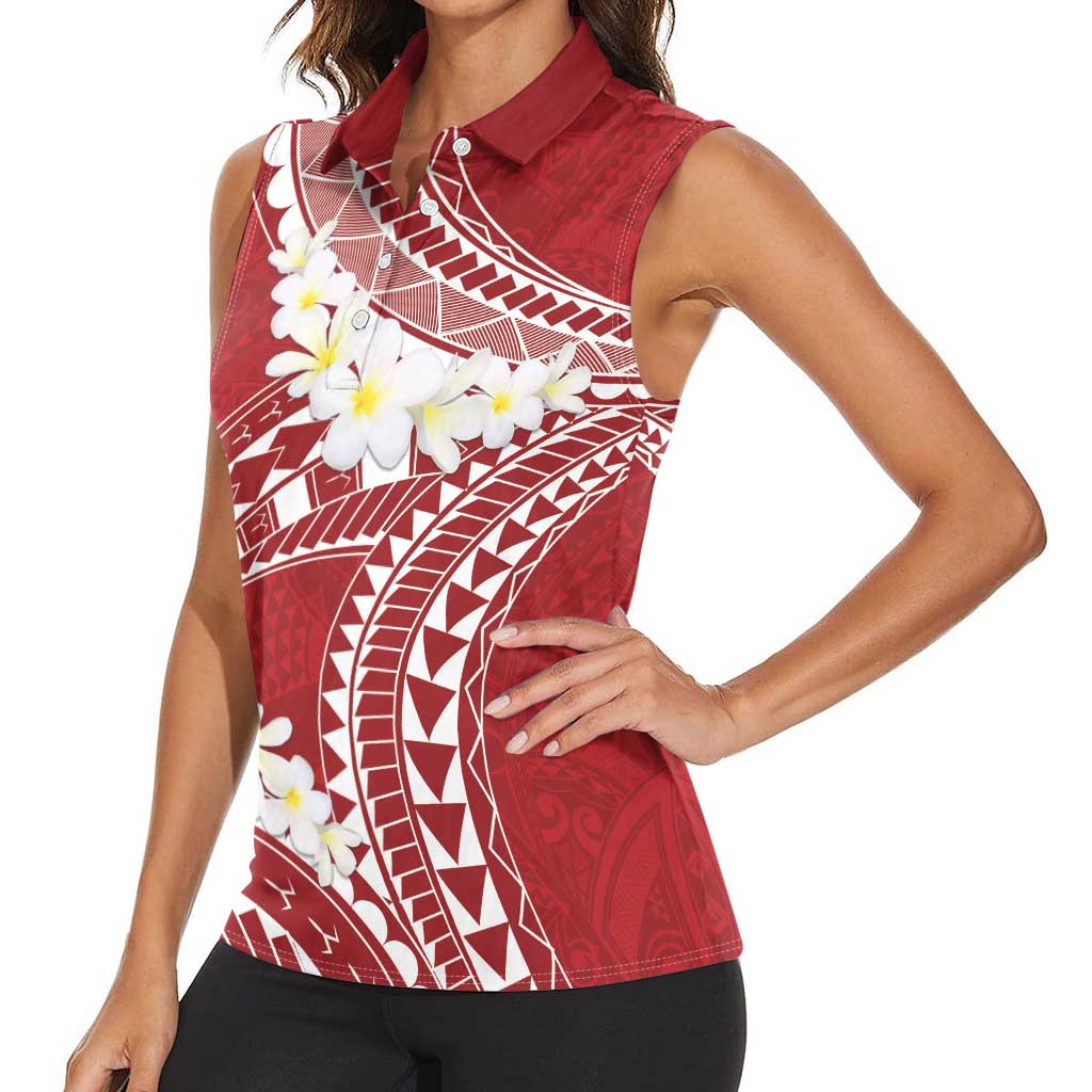 Polynesian Vintage Floral Women Sleeveless Polo Shirt Scarlet Motifs LT7 - Polynesian Pride