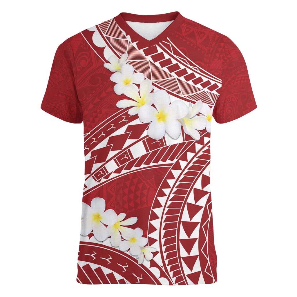 Polynesian Vintage Floral Women V-Neck T-Shirt Scarlet Motifs LT7 Female Scarlet - Polynesian Pride