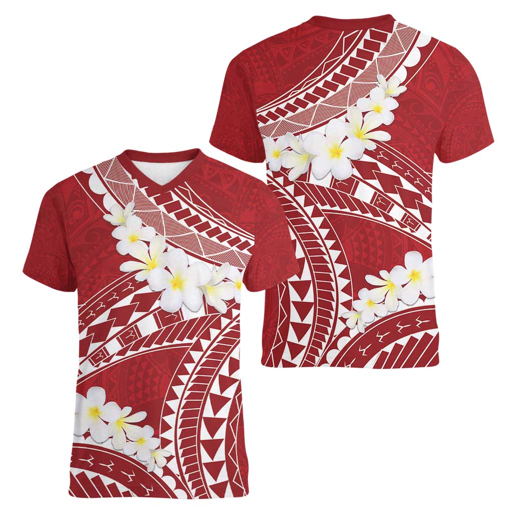 Polynesian Vintage Floral Women V-Neck T-Shirt Scarlet Motifs LT7 - Polynesian Pride