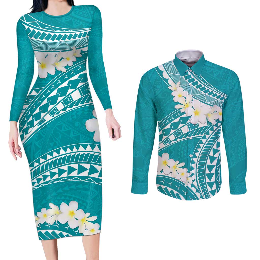 Polynesian Vintage Floral Couples Matching Long Sleeve Bodycon Dress and Long Sleeve Button Shirt Teal Motifs LT7 Teal - Polynesian Pride