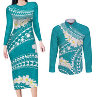 Polynesian Vintage Floral Couples Matching Long Sleeve Bodycon Dress and Long Sleeve Button Shirt Teal Motifs LT7 Teal - Polynesian Pride